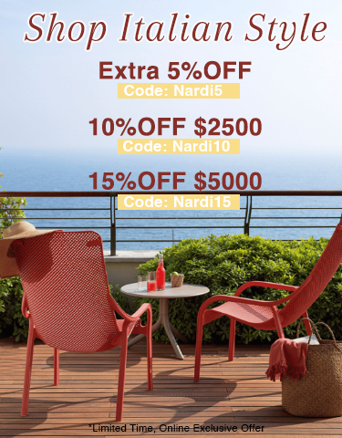 A vibrant outdoor setting featuring some amazing Nardi outdoor furniture pieces. There is a long black extension table and 10 yellow outdoor chairs on a wooden deck, set with food for a welcoming atmosphere.