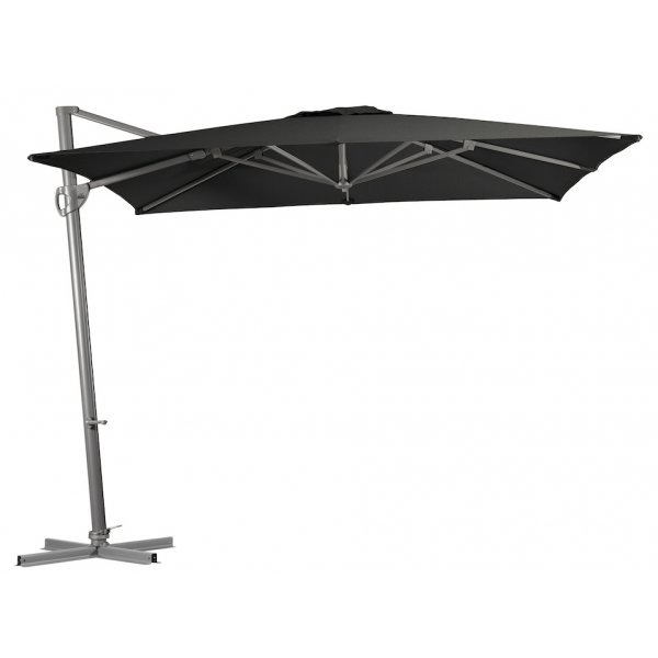 Black & grey square cantilever outdoor umbrella displayed on a plain white background, viewed from the side.