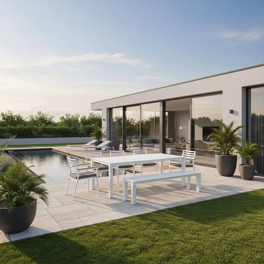 Vernon 180 cm Table Vernon 160 cm Bench and Lotus Chair Outdoor Dining Setting