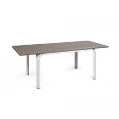 White & brown 140/210 cm Nardi Alloro Resin Extension Dining Table, ideal for alfresco furniture setups, displayed on a plain white background, viewed from a front angle.