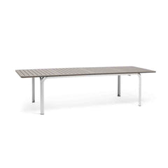 White & brown 210/280 cm Nardi Alloro Resin Extension Dining Table, ideal for alfresco furniture setups, displayed on a plain white background, viewed from a front angle.