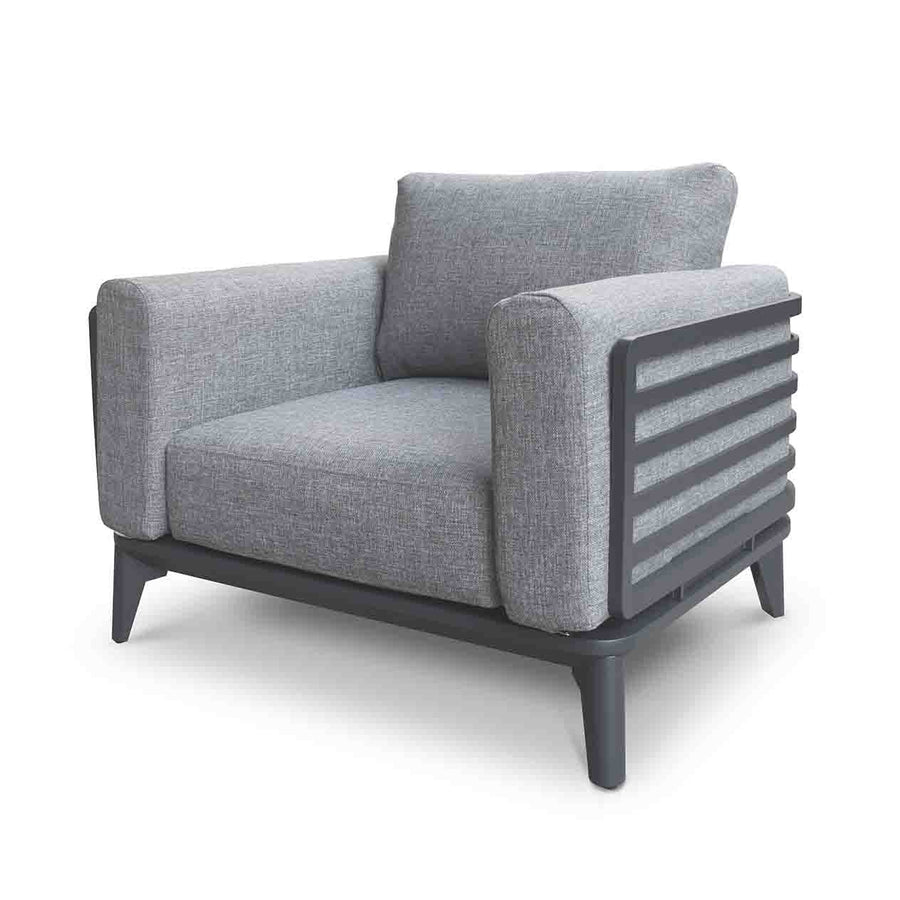 A single-seat outdoor armchair upholstered in grey fabric, viewed from a front angle. The sofa has charcoal grey metal legs & frame and is placed against a plain white background.