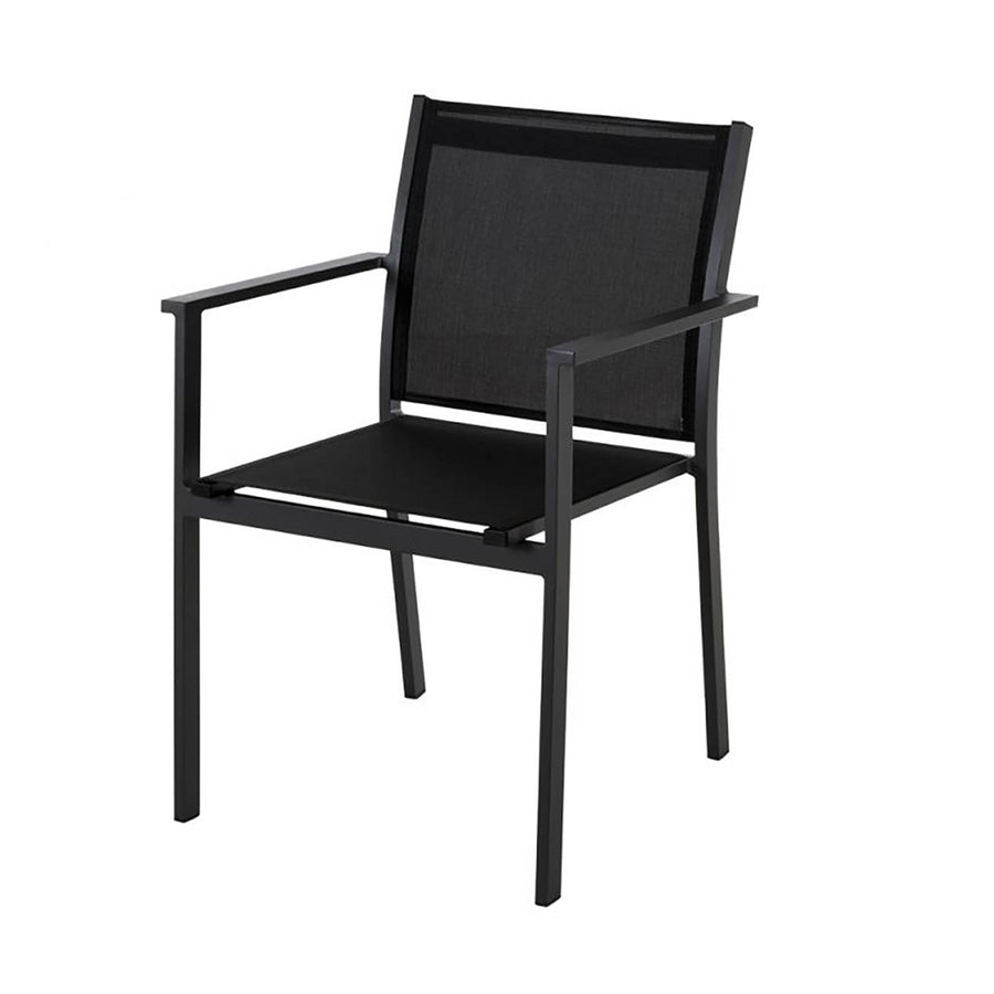 Outdoor furniture: April Dining Chairs, rope chair, charcoal frame, contoured seat, stackable, armrest/armless styles.