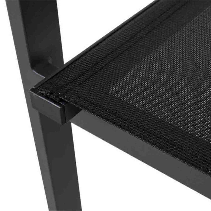 Close up of charcoal April Dining Chairs, aluminium outdoor furniture for outdoor dining, stackable outdoor chairs.