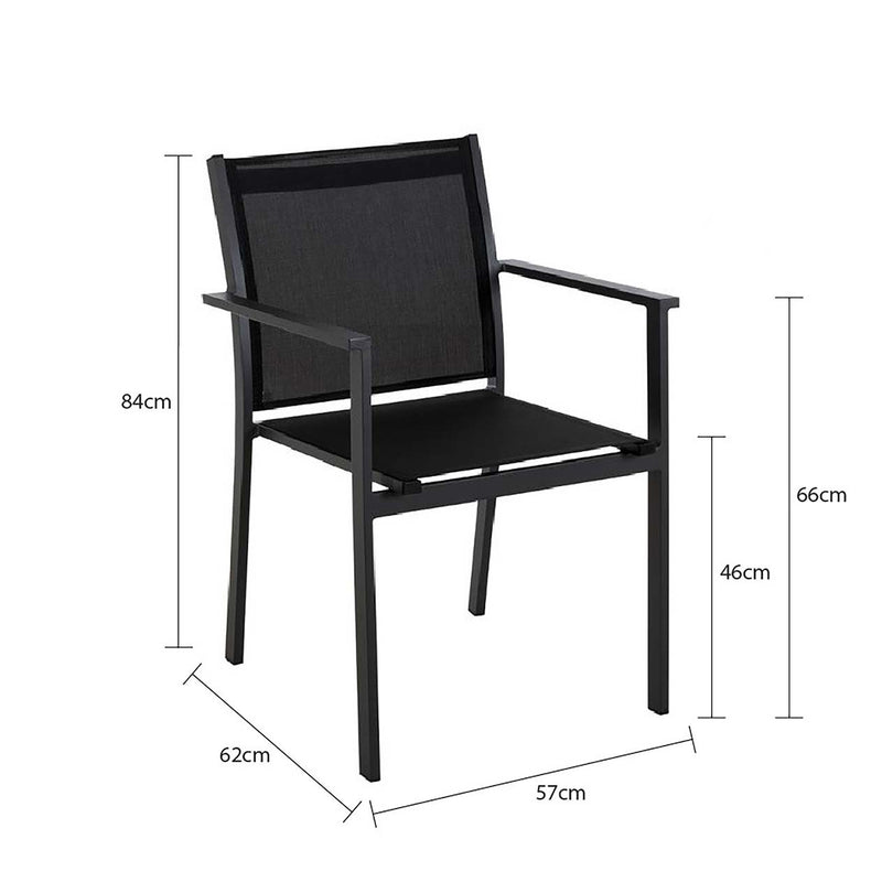 Black April Dining Chairs, aluminium outdoor furniture for outdoor dining, stackable outdoor chairs.