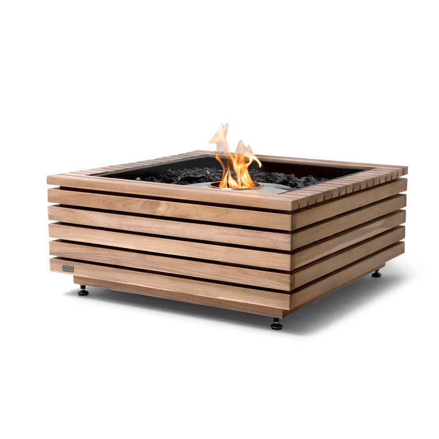 Teak square EcoSmart Base 30 firepit set against a plain white background, ideal for outdoor furniture setups.