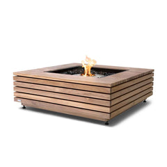 Ecosmart Base 40 square firepit made from brown wood, set against plain white background, blending elegance with outdoor furniture
