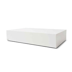 165 cm rectangular outdoor concrete coffee table in white. This is one of the many concrete table options from our 'Blinde' range. The coffee table is displayed on a plain white background, viewed from a front angle.