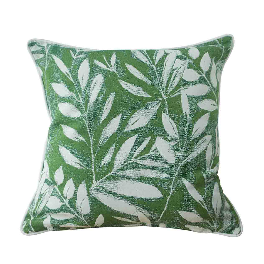 The green & white 45 cm Bluemoon outdoor cushion with the leaf pattern design is displayed on a plain white background, viewed from the front. This cushion is excellent if you&