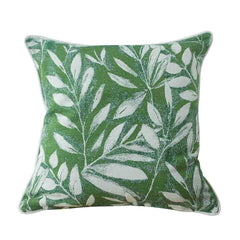 The green & white 45 cm Bluemoon outdoor cushion with the leaf pattern design is displayed on a plain white background, viewed from the front. This cushion is excellent if you're looking to add a pop of colour to your outdoor furniture.