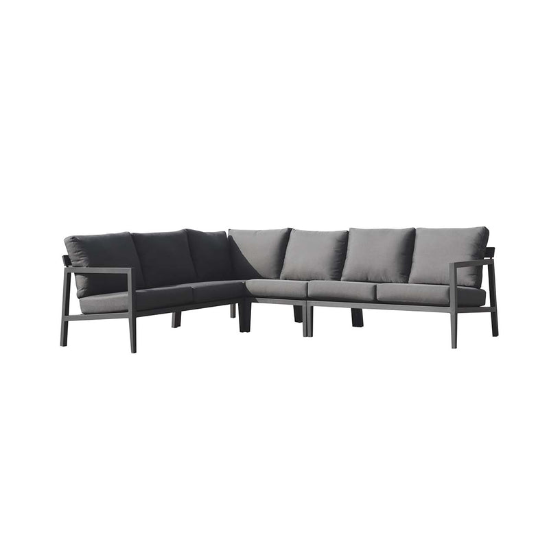 Bradford aluminium outdoor furniture, 6-seater modular outdoor lounge with charcoal frame and cushions, perfect for modern spaces and Australia&