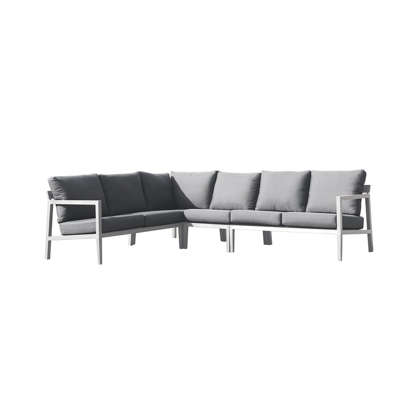 Bradford aluminium outdoor furniture, 6-seater modular outdoor lounge with white frame and grey cushions, perfect for modern spaces and Australia&