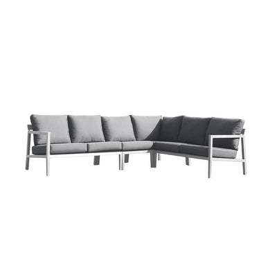 Bradford aluminium outdoor furniture, 6-seater modular outdoor lounge with white frame and grey cushions, perfect for modern spaces and Australia's harsh climate.