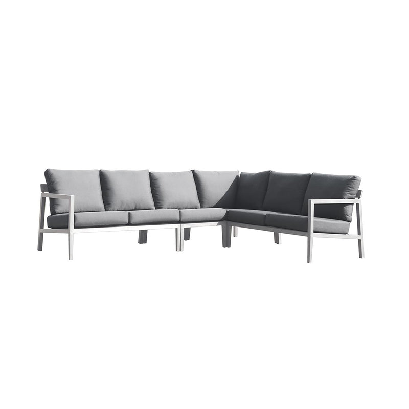 Bradford aluminium outdoor furniture, 6-seater modular outdoor lounge with white frame and grey cushions, perfect for modern spaces and Australia&