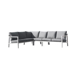 Bradford aluminium outdoor furniture, 6-seater modular outdoor lounge with white frame and grey cushions, perfect for modern spaces and Australia's harsh climate.