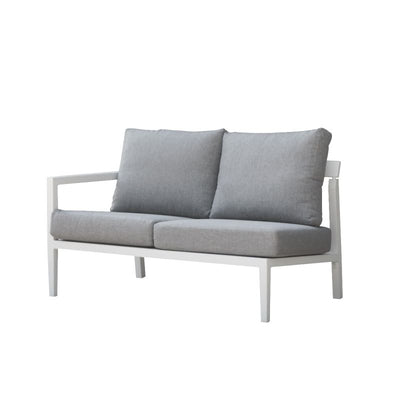 Bradford aluminium outdoor furniture, a sleek 4, 5, or 6-seater outdoor lounge in charcoal or white, perfect for Australia's climate. Current image: back view of a 2-seater sofa with white frame and grey cushions.