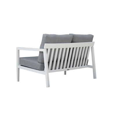 Bradford aluminium outdoor furniture, a sleek white couch with grey cushions on a white background, perfect as outdoor balcony furniture.