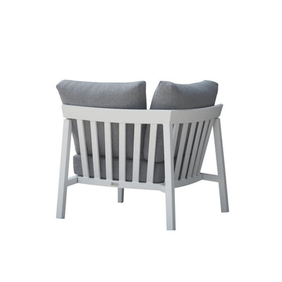 Bradford aluminium outdoor furniture, a sleek outdoor balcony furniture set in charcoal or white, replacing a white wooden chair with grey cushions.