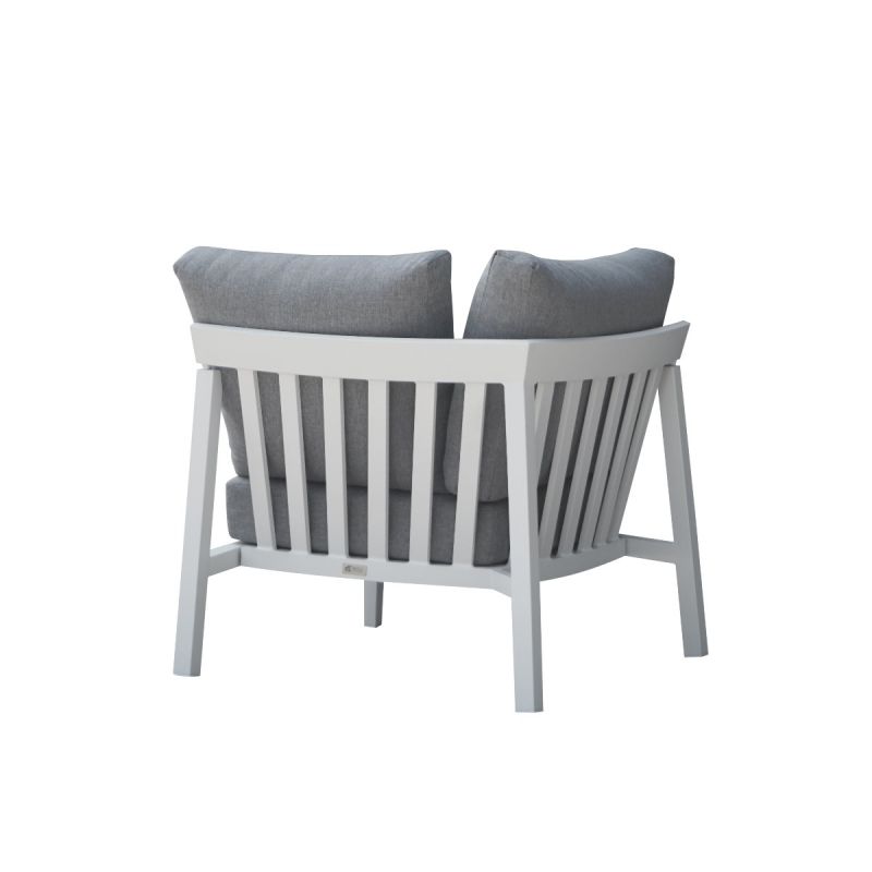 Bradford aluminium outdoor furniture, a sleek outdoor balcony furniture set in charcoal or white, replacing a white wooden chair with grey cushions.