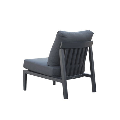 Bradford aluminium outdoor furniture, a sleek outdoor lounge in charcoal, viewed from the back with 2 armless chairs and cushions.