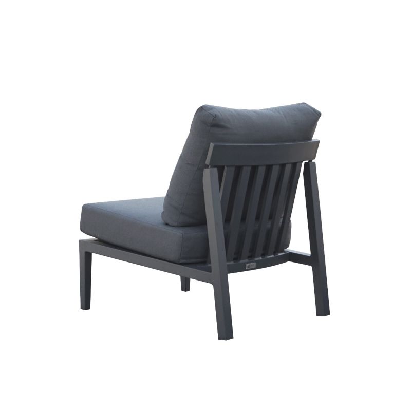 Bradford aluminium outdoor furniture, a sleek outdoor lounge in charcoal, viewed from the back with 2 armless chairs and cushions.