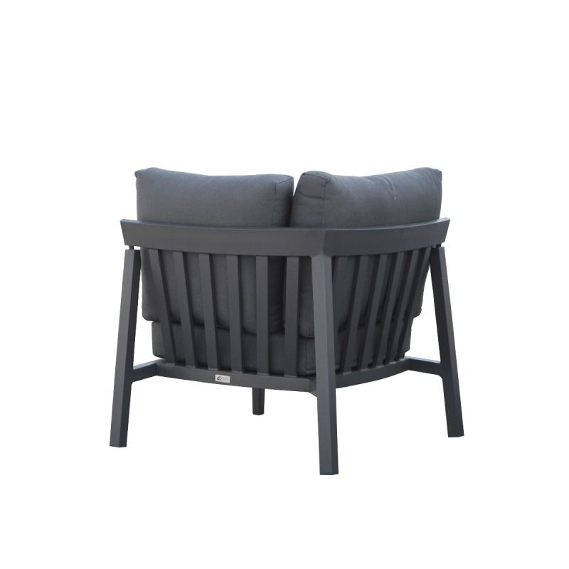 Bradford aluminium outdoor furniture, a sleek 4-6 seater sofa perfect for outdoor balcony furniture needs, replacing a black chair with two pillows.