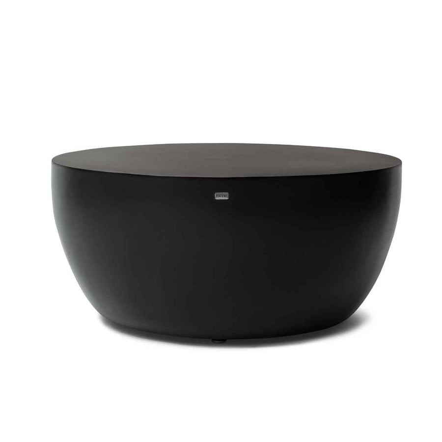 Black circular concrete coffee table set against a plain white background, perfect for outdoor furniture arrangements.