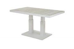 The 130 cm 'Clifton' rectangular outdoor coffee table features a white aluminium frame and a light grey ceramic tabletop and is displayed on a plain white background, viewed from a side angle. The tabletop is popped up.