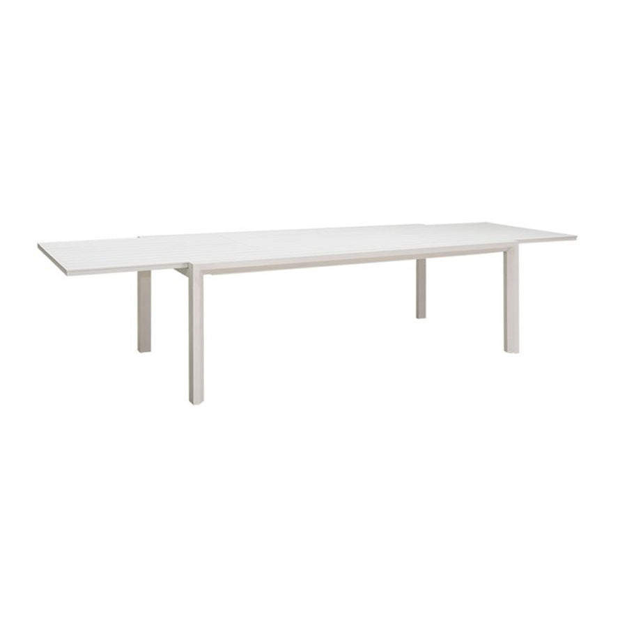 An extendable white rectangular aluminium outdoor dining table, set against a plain white background, viewed from a front angle.