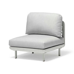 A modern armless outdoor chair that is part of a bigger outdoor sofa set. The armless chair features plush light grey cushions on a sleek metal frame. The chair is placed against a plain white background.