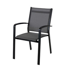 Outdoor furniture: An aluminium dining chair with cast aluminium arm with charcoal frame and silver black textilene.