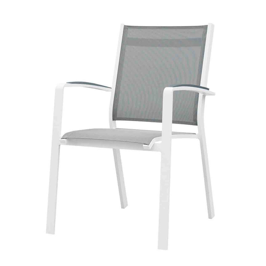 Outdoor furniture: An aluminium dining chair with cast aluminium arm with white frame and silver black textilene set against a white background. Outdoor chairs, rope chair.