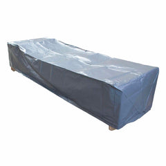A grey outdoor furniture cover for sunlounges & outdoor lounges, sized 215 cm x 75 cm x 40 cm, is draped over outdoor furniture, and displayed against a plain white background.