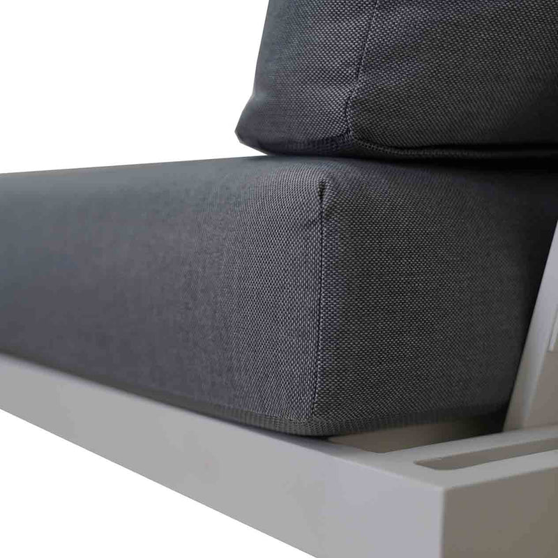 Close up of a versatile Denver sofa, an aluminum outdoor furniture piece that can be a one-seater, corner, three-seater, or outdoor lounge chair.