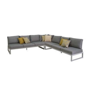 Outdoor furniture Denver sectional couch with pillows and a coffee table, aluminum outdoor furniture that can be a one-seater, corner, or three-seater sofa, or an outdoor lounge chair.