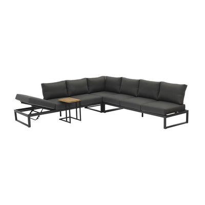 Black sectional Denver sofa as outdoor furniture, transforming into an outdoor lounge chair, made from durable Tiger®Powder Coated Aluminium, with a coffee table.