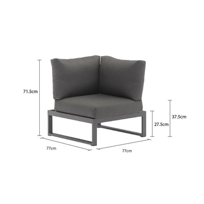 Charcoal Denver sofa, a versatile piece of aluminum outdoor furniture, shown with measurements. Can be a one-seater, corner chair, or outdoor lounge chair.