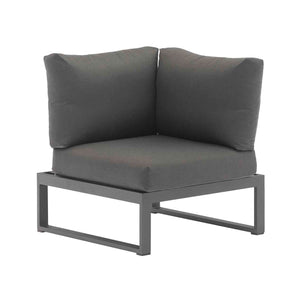 Versatile Denver sofa in charcoal and white, a piece of aluminum outdoor furniture that can be a one-seater, corner chair, three-seater, or sunlounger. Current image shows a corner chair with a cushion on it.