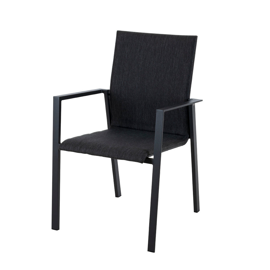 An aluminium dining chair with charcoal frame and charcoal textilene set against a white background. Outdoor furniture, outdoor lounge chair, aluminium outdoor furniture.