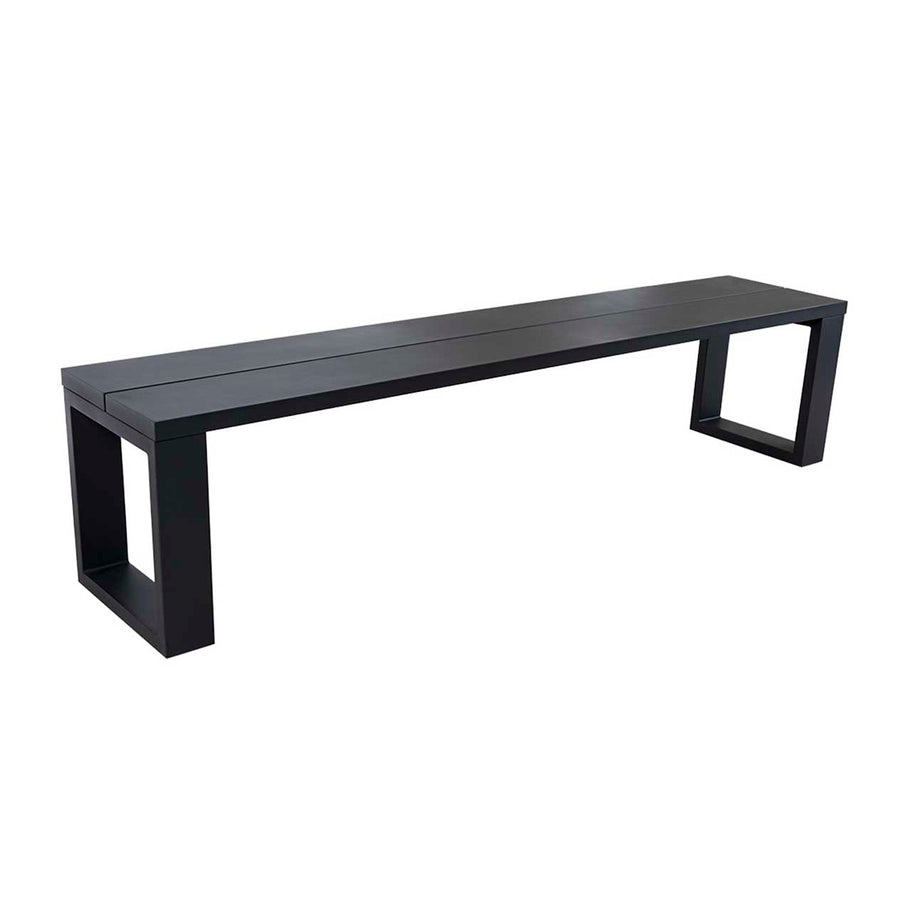 This black 200 cm aluminium outdoor bench by Ferno is one of our best pieces of aluminium outdoor furniture. The bench is displayed on a plain white background, viewed from a front angle.