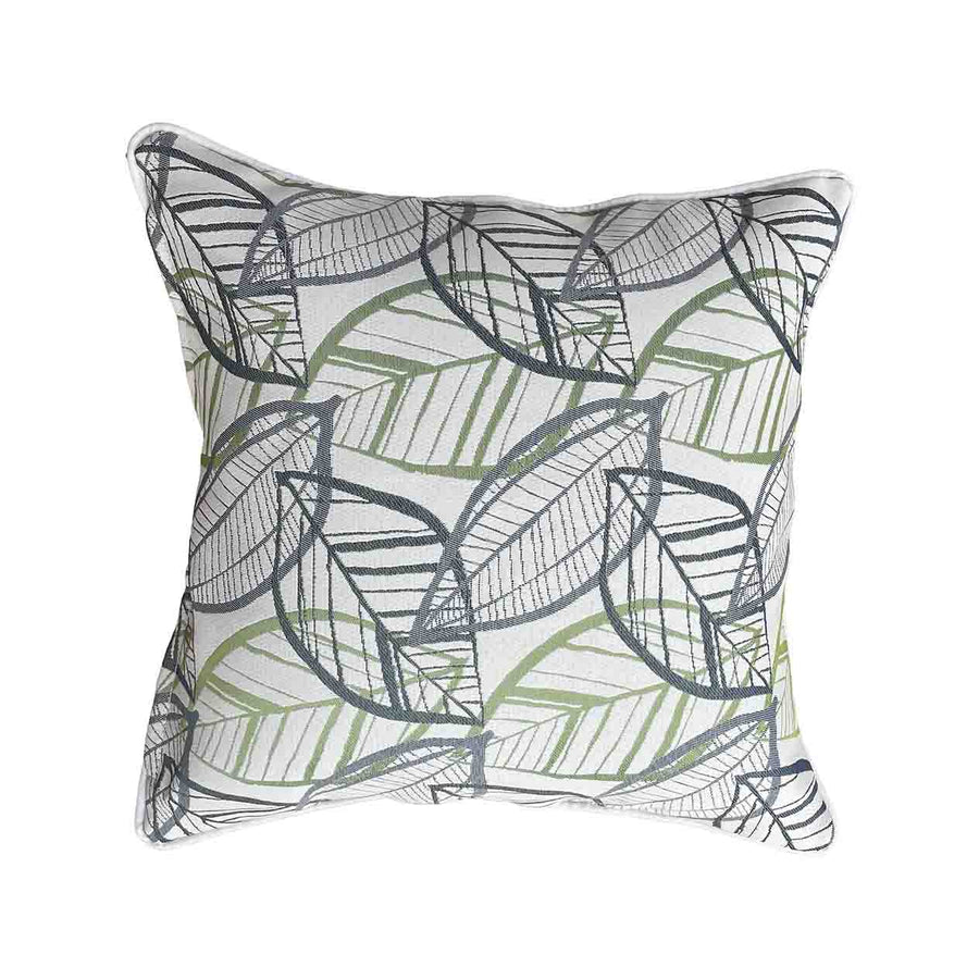 White, grey, and green outdoor scatter cushion with an Amazon-inspired leaf pattern design, perfect for outdoor furniture setups, displayed on a plain white background, viewed from the front.