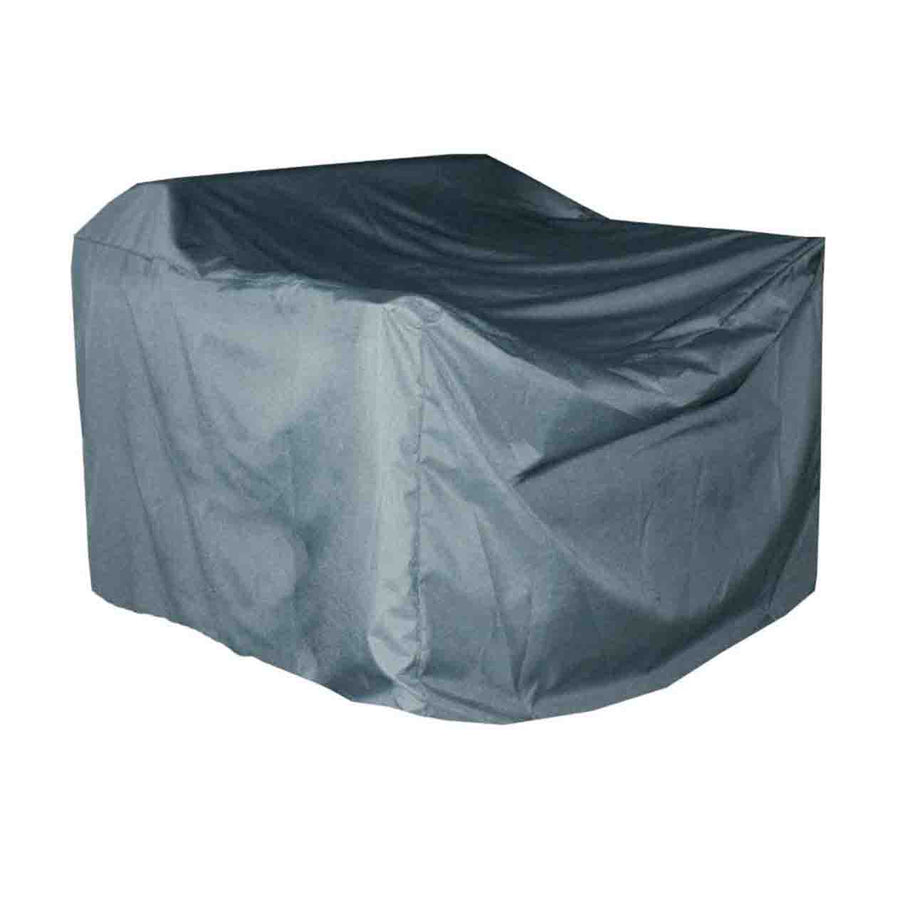 A grey outdoor furniture cover for outdoor chairs, sized 109 cm x 92 cm x 62 cm, is draped over outdoor furniture, and displayed against a plain white background.