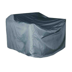 A grey outdoor furniture cover for outdoor lounges, sized 200 cm x 200 cm x 80 cm, is draped over outdoor furniture, and displayed against a plain white background.