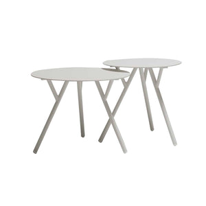 Aluminium outdoor furniture, Iowa coffee table set in light grey, perfect for outdoor dining furniture. A pair of tables sitting on top of each other.