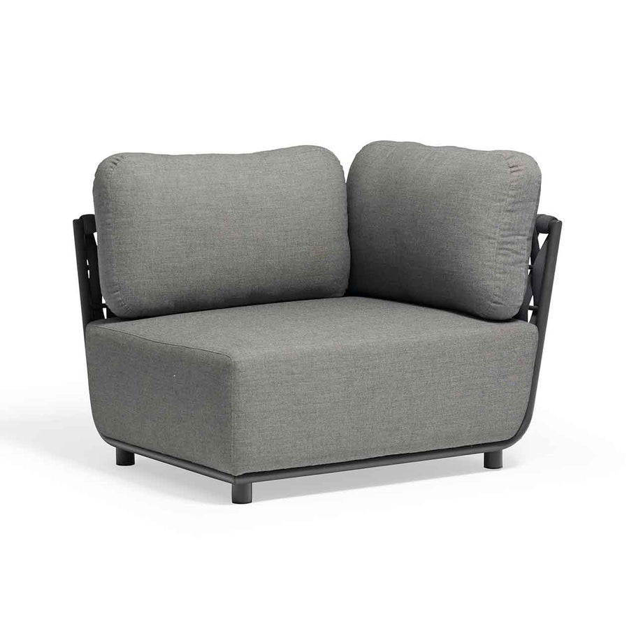 Outdoor furniture from the Lawson Collection featuring a wicker lounge chair, rope chair, and other pieces with charcoal frame and cushions, displayed on a white background.