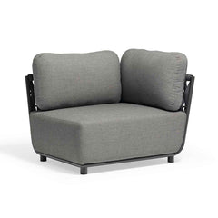 Outdoor furniture from the Lawson Collection featuring a wicker lounge chair, rope chair, and other pieces with charcoal frame and cushions, displayed on a white background.
