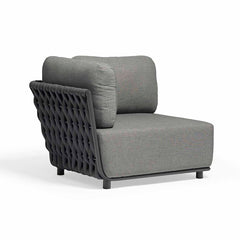 Outdoor furniture set from Lawson Collection featuring wicker lounge chair, rope chair, and other pieces, all in charcoal, displayed on a white background.