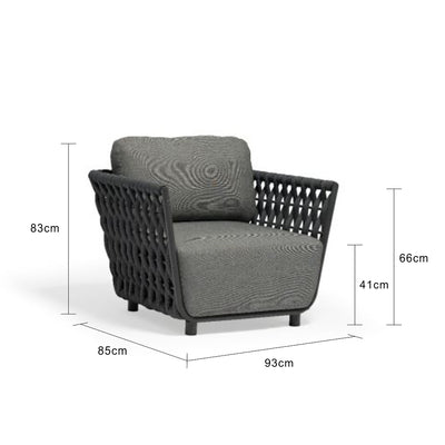Outdoor furniture from the Lawson Collection featuring a wicker lounge chair, rope armchair with charcoal frame and cushions, and matching pieces on a white background.