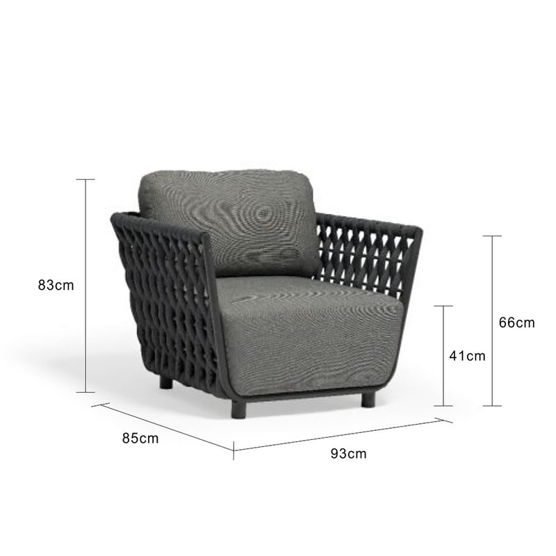 Outdoor furniture from the Lawson Collection featuring a wicker lounge chair, rope armchair with charcoal frame and cushions, and matching pieces on a white background.