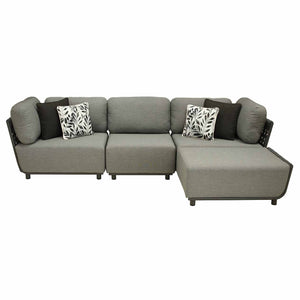 Outdoor furniture from the Lawson Collection, featuring a gray sectional couch with pillows, outdoor lounge chair, rope chair, ottoman, and coffee table in charcoal and light grey.